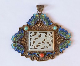Art Deco Chinese Export Hetian Jade Pendant 3D Carving Sterling Silver Vermeil - $594.99