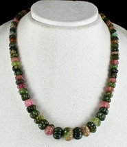 Natural Multi Tourmaline Beads Melon Carved 353 Carats Gemstone Silver Necklace - £1,366.89 GBP