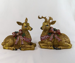2 Christmas Deer Figurines Ribbon Around Their Neck Shinny Gold Ceramic 7&quot; - £13.39 GBP