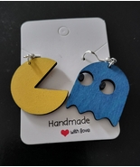 Wood Yellow and Blue Pac Man Earrings, NEW w/ sterling silver - $13.58 CAD