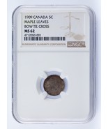 1909 Canadá 5 Centavos Hojas De Arce Lazo Cruz Calificado Por NGC Como MS62 - $10,388.42