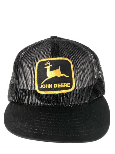 John Deere Rare Black Yellow Logo Mesh Louisville Mfg Co Snapback Made In USA - $247.50