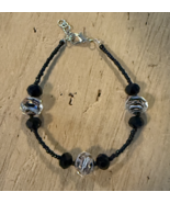 Handcrafted Bracelet, Black/Topaz/Clear rondelle beads w/ black seed beads - $12.38