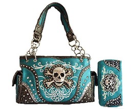 western rhinestone skull concho stitched handbag purse set (blue) - £46.73 GBP
