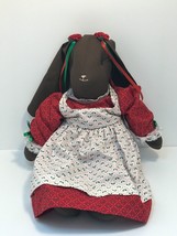 Vintage Handmade Folk Art Farmhouse Brown Rabbit Rag Doll w Red and Green Dress - £25.35 GBP