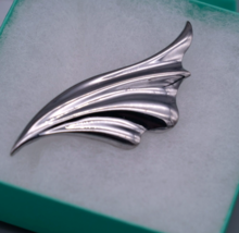 Feather Wave Leaf Brooch Pin M. Jent Signed Vintage Silver Tone - £7.95 GBP