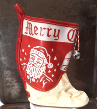 Vintage Christmas Stocking Boot Vinyl &amp; Faux Leather Santa Face Jingle Bell 50&#39;s - £17.59 GBP