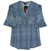 NWT Cocomo Plus Size 3X Denim Blue &amp; White Floral Print Pintuck 3/4 Sleeve Top - £27.40 GBP