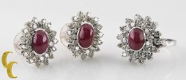 14k White Gold Diamond &amp; Ruby Cabochon Ring and Earring Set Size 6.75 Gift - £2,915.72 GBP