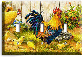 French Rooster Farm Chicken Chicks Basket Triple Light Switch Wall Plate Cover - £13.79 GBP