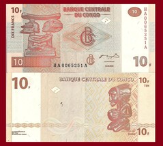 Congo P93b, 10 Francs, chief Luba headrest / carved figure, okapi w/m, 2... - $18.81 MXN