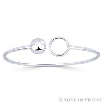 10mm Ball Bead &amp; 13mm Circle Ring Open-Cuff Bangle .925 Sterling Silver Bracelet - £23.10 GBP
