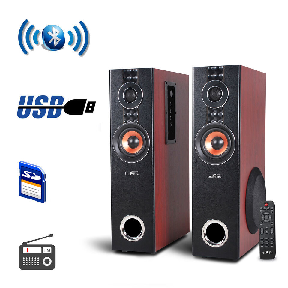 beFree Sound 2.1 Channel Powered Bluetooth Dual Wood Tower Speakers with Optical