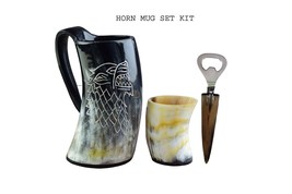 Viking Drinking Horn Mug Set, Real Ox Horn For Hot or Cold Drink - £39.96 GBP