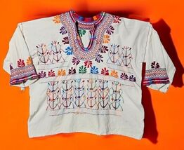 Vintage 1960s Handmade Huipils Embroidered Cotton Tunic Boho Hippie Top ... - $70.71