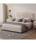 Beige Velvet Queen Platform Bed with Tufted Headboard - $4,112.34 MXN