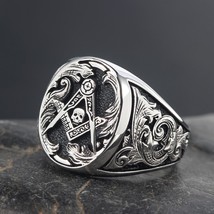 Freemason Skull And Bones Signet Masonic Hand Engraving Sterling Silver Ring - £124.92 GBP