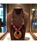 Ruby Rd Statement Pendant Necklace Chevron Disc Beaded Chain Vintage - $14.40
