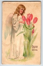 Easter Postcard Angel Pink Red Lilies Flowers Germany Embossed Unposted Vintage - £8.80 GBP