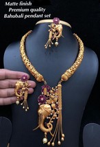 Bollywood Indian Bridal Gold Set Plated CZ Ruby Hasli Choker Necklace Jewelry - £111.95 GBP