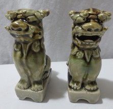 Vtg Pair Celadon Chinese Foo Dog Pottery Solid Clay 4 1/2&quot; tall - £40.21 GBP