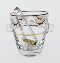 Mid century glass ice bucket with tongs and 23K gold floral decor French vintage - £43.33 GBP