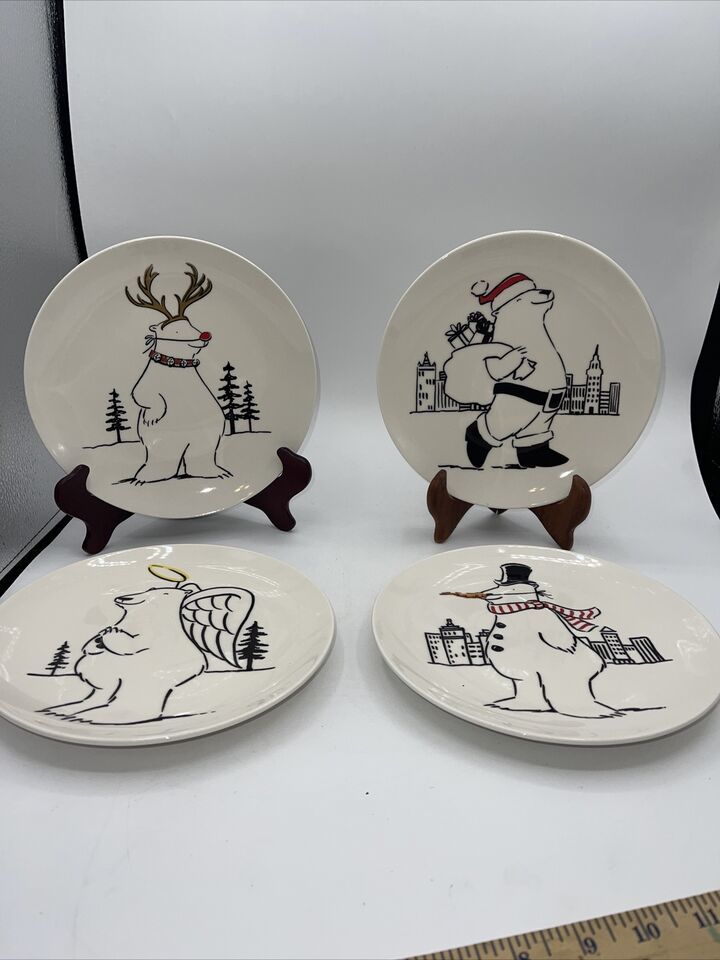 Primary image for Pottery Barn Preston Polar Bear Plates Christmas Holiday 8.25" Set Of 4 READ