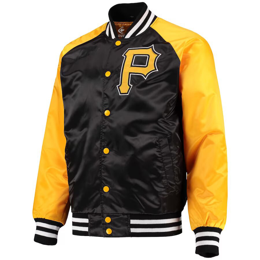 MLB Pittsburgh Pirates Black Golden Satin Baseball Letterman Varsity Jacket