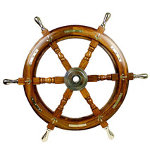 Ship Wheel Solid Wood 24 Inches Anchor &amp; Strips With Brass Handles Wall Decor - £70.63 GBP