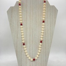 Vintage Hand Knotted Faux Pearl 25&quot; Necklace Off White Luster Burgundy Red - £11.60 GBP