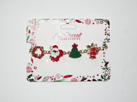 Gold 7&quot; Christmas Charm Bracelet Black Santa Tree Bells Wreath - £9.39 GBP