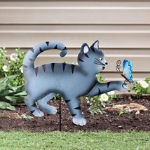 Gray Tabby Cat Kitten w/ Butterfly Metal Garden Stake Outdoor Yard Garde... - $21.43