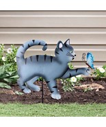 Gray Tabby Cat Kitten w/ Butterfly Metal Garden Stake Outdoor Yard Garde... - £23.64 GBP