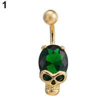 Ladies naval belly barbell green zirconia gold tone skull jewerly - £4.84 GBP