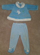 Le Top Winter 2-Pc Baby Outfit Size 9 Months Snowman Tree Christmas Blue Stripes - £10.61 GBP