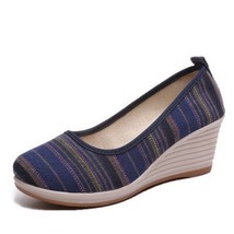 Colorful Striped Women Casual Linen Cotton Wee Heel Shoes Bohemian Middle-Age La - £29.02 GBP