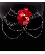 Vintage 50&#39;s red flower necklace brooch - Gothic black glass collar chok... - $155.00