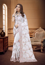 Designer White Heavy Resham Embroidery Work Sari Georgette Party Wear Saree - £69.97 GBP