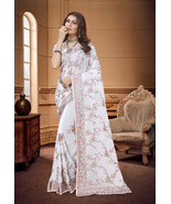 Designer White Heavy Resham Embroidery Work Sari Georgette Party Wear Saree - £69.95 GBP