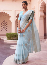 Beautiful Light Blue Weaved Handloom Pure Linen Traditional Saree - £53.36 GBP