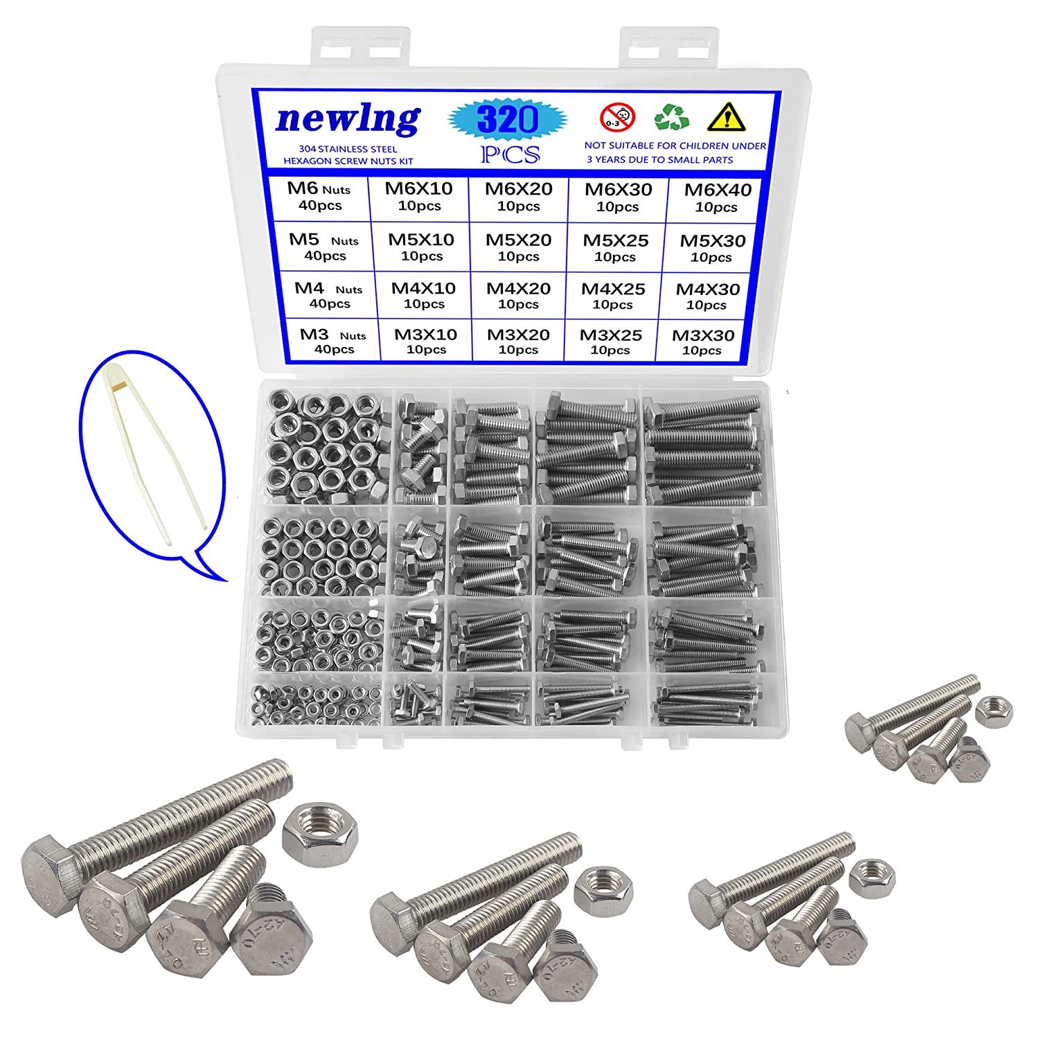 Metric 304 Stainless Steel Hex Head Cap Screws Bolts And Nuts, 320 Pcs. - $31.92
