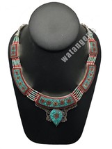 Ethnic Tribal Nepalese tribal Red Coral &amp; Turquoise Inlay Boho Necklace, E230 - £32.49 GBP
