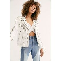 Belted White Studded Jacket Women Brando Biker Leather Round Cap Stud Sp... - $219.99