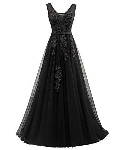 Kivary Women V Neck Tulle Corset Formal Prom Evening Dress Long Bridesmaid Black
