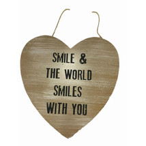 New &quot;Smile And The World Smiles With You&quot; Wood Heart Shaped Sign Wall Decor - £6.37 GBP