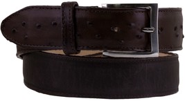 Brown Western Cowboy Leather Belt Ostrich Quill Pattern Overlay Silver Buckle - £23.72 GBP