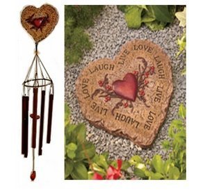 Stepping Stone and Windchime Set - Heart Shaped with Live Love Laugh Sentiment  - $24.88