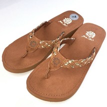 Yellow Box Flip Flops Quincy Tan Suede Leather Gold Braided Woven Thong ... - $33.27