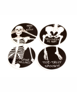 Halloween Coasters 4 BLUE Harbor Skeleton Skull Bones Ceramic Black Round - $24.30 CAD