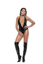 Elegant Moments Vinyl and fishnet halter neck teddy with front chain detail. - £23.40 GBP